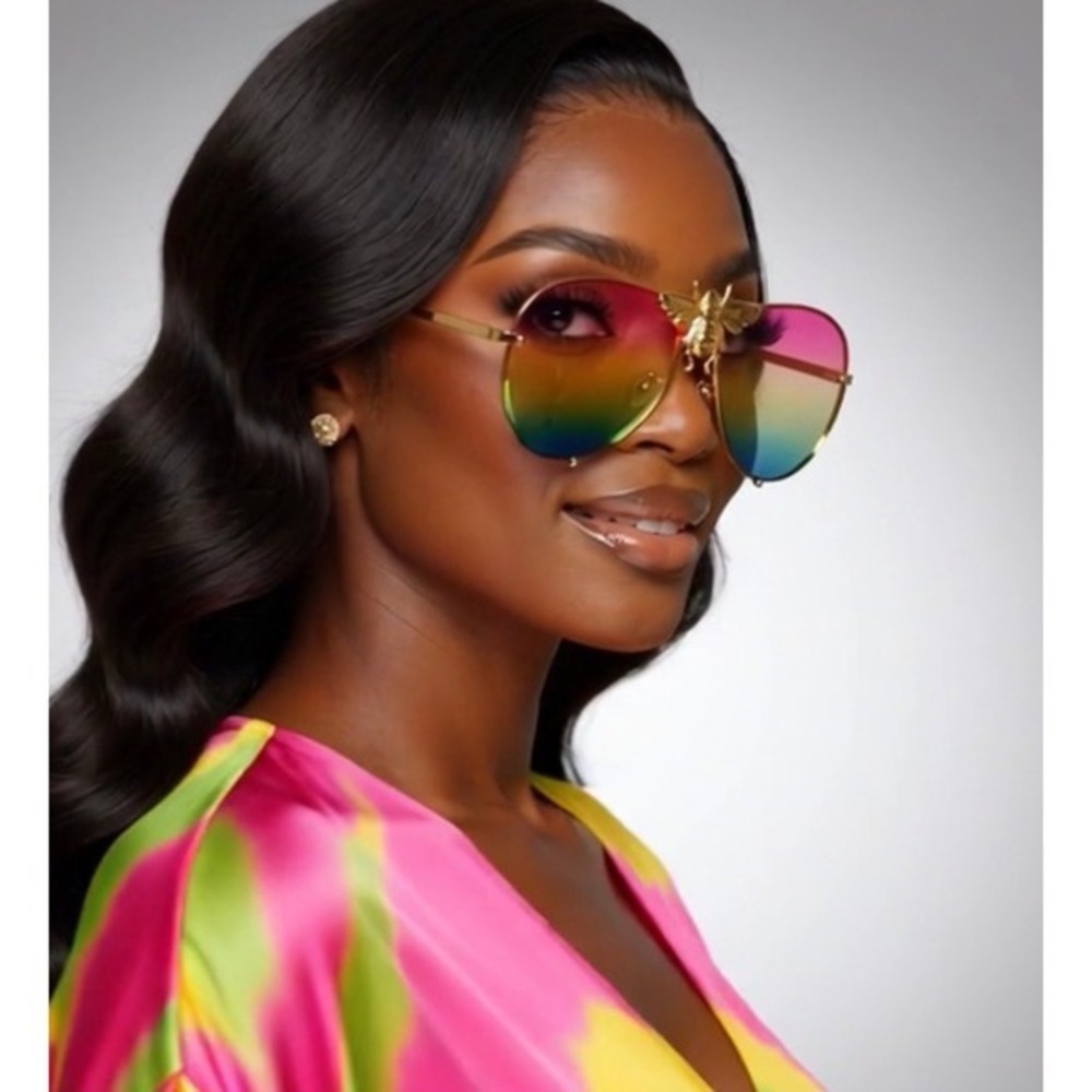 Bee Aviator Sunglasses Rainbow Lens Gold Frame Fashion Statement Sun Glasses New